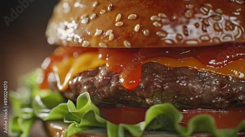 Closeup on appetizing cheeseburger with sauce photo