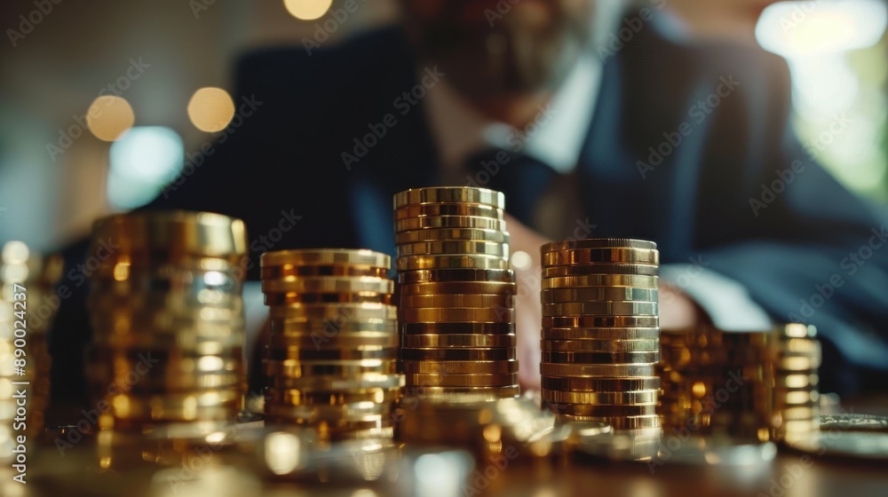 Businessman with Stacks of Gold Coins. Businessman with Stacks of Gold Coins.