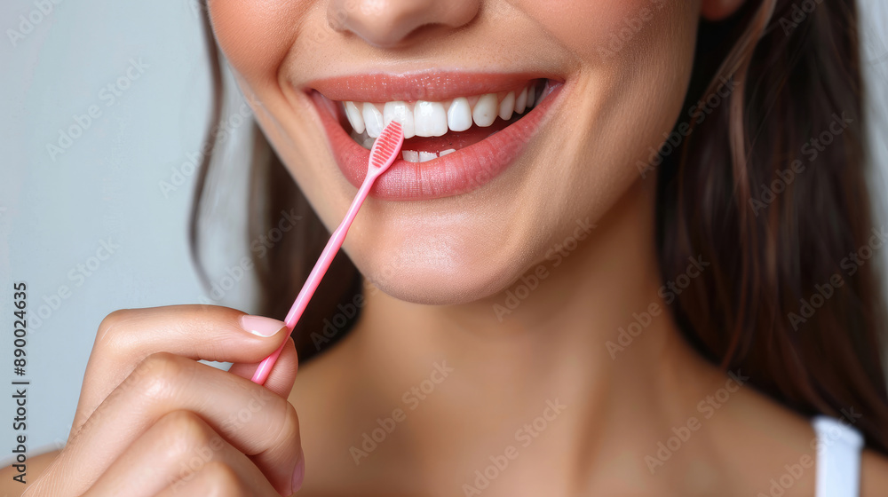 smiling woman mouth teeth face closeup with hand holding tongue cleaning stick isolated on white background smiling woman mouth teeth face closeup with hand holding tongue cleaning stick isolated on white background