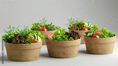 Round paper boxes with pre packaged vegetable salads ready for sale Eco friendly packaging photo