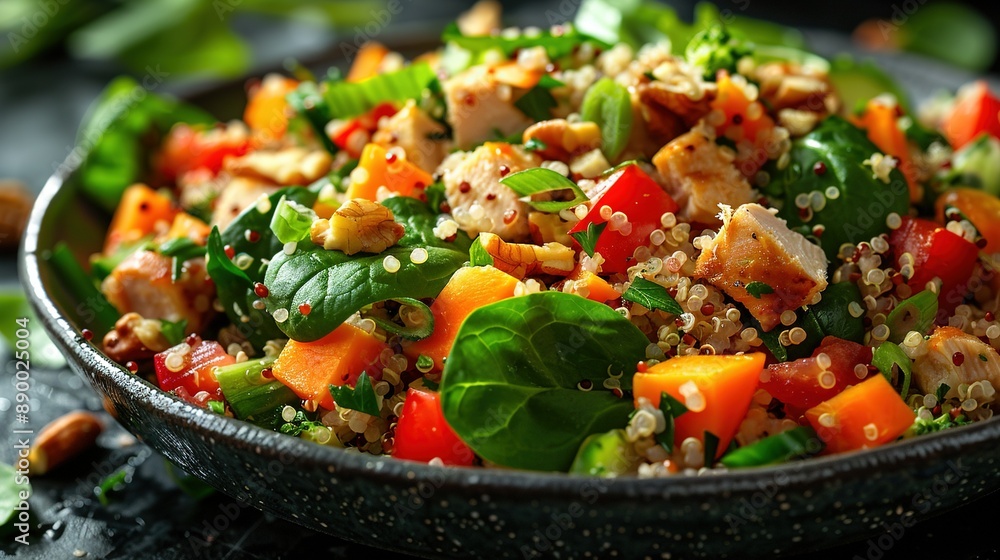 A clear photo of a full bowl containing fresh spinach, vibrant carrots, and various colorful vegetables A clear photo of a full bowl containing fresh spinach, vibrant carrots, and various colorful vegetables