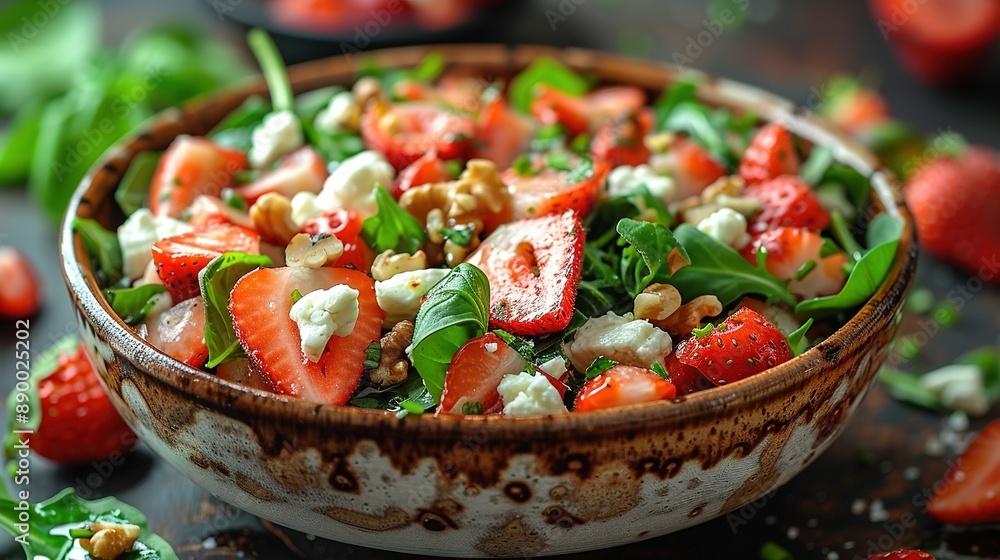 Spinach-topped bowl with strawberries on a fruitful table Spinach-topped bowl with strawberries on a fruitful table