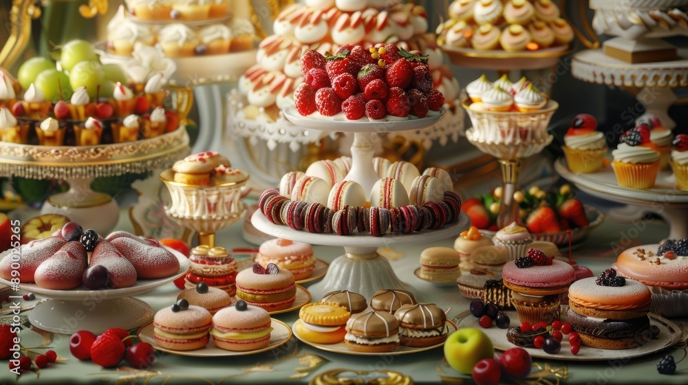 An opulent dessert table spread with an assortment of sweets including macarons cupcakes and fruit topped confections An opulent dessert table spread with an assortment of sweets including macarons cupcakes and fruit topped confections
