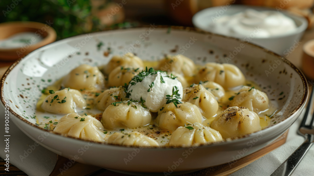 delicious pelmeni Dumpling in a pretty white bowl with a dollop of sour cream on the side delicious pelmeni Dumpling in a pretty white bowl with a dollop of sour cream on the side