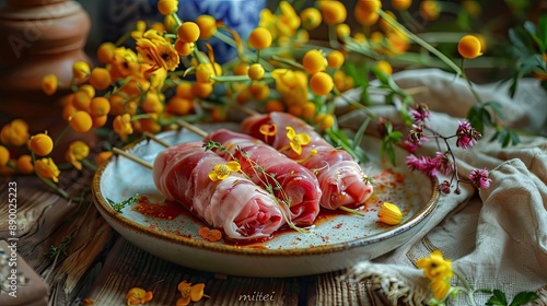 traditional meat rolls called mititei on a ceramic plate with a bouquet of buttercup flowers photo