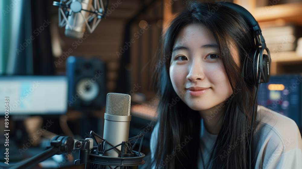 A woman with headphones are happily recording a podcast in a cozy studio, surrounded by warm lighting and plants. A woman with headphones are happily recording a podcast in a cozy studio, surrounded by warm lighting and plants.