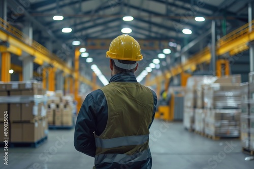 Professional foreman in a clean uniform and safety helmet, facing forward in a modern logistics warehouse. He is involved in overseeing the loading and unloading processes, copy space © khalida