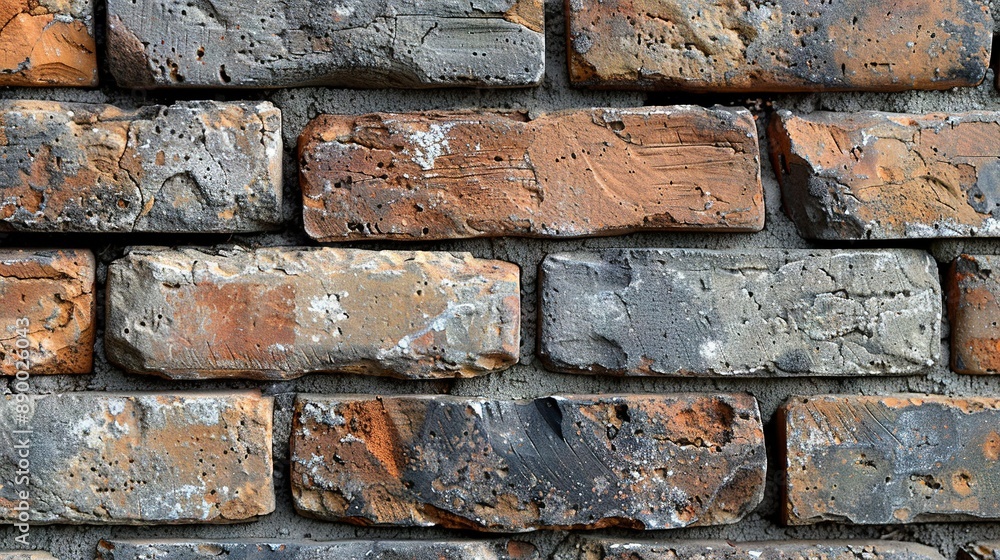 A close-up of multicolored bricks, including shades of gray, orange, and brown, with rusted edges A close-up of multicolored bricks, including shades of gray, orange, and brown, with rusted edges