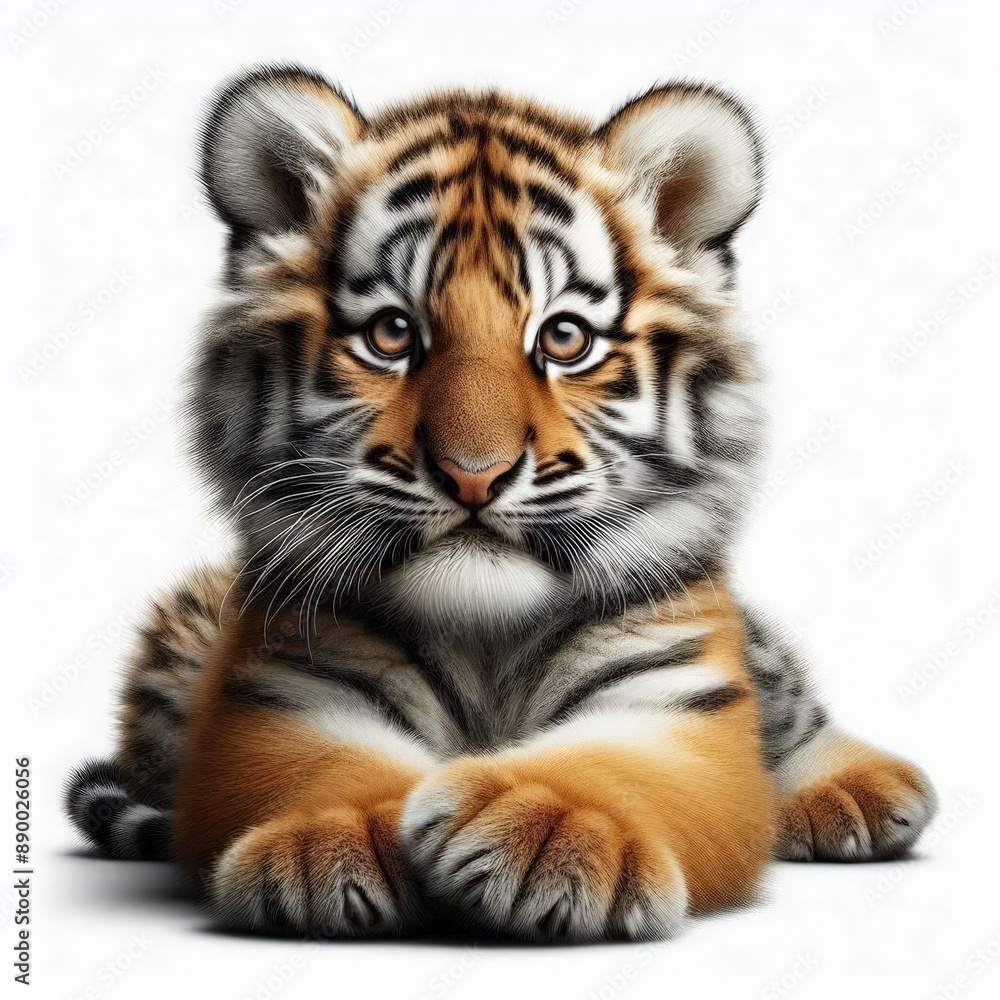 Fototapeta premium Beautiful tiger cub on a white background 
