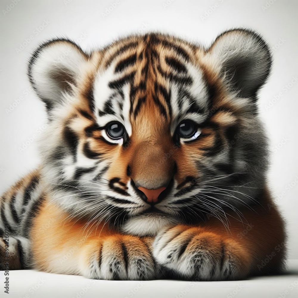 Fototapeta premium Beautiful tiger cub on a white background 