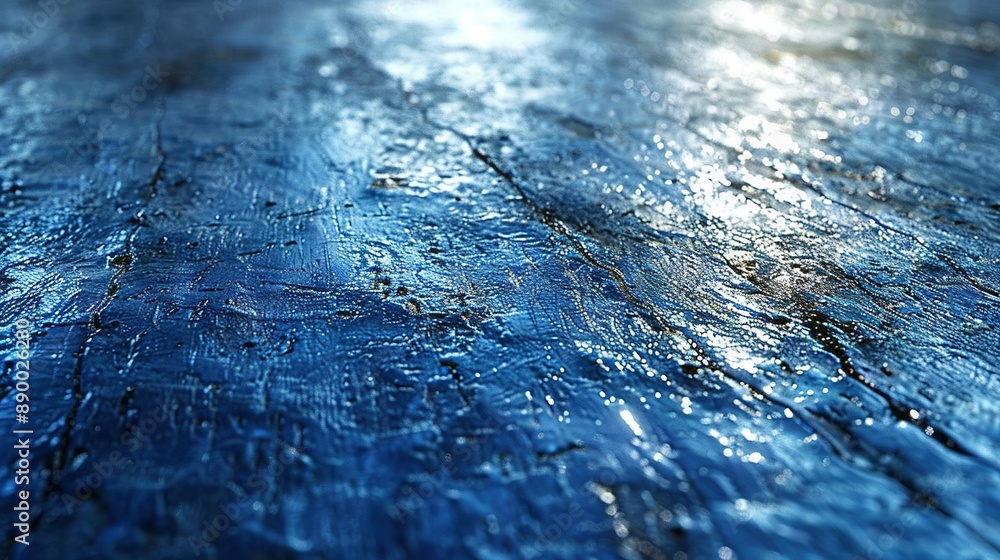 a blue tabletop with water drops on it and sunlight filtering from above a blue tabletop with water drops on it and sunlight filtering from above