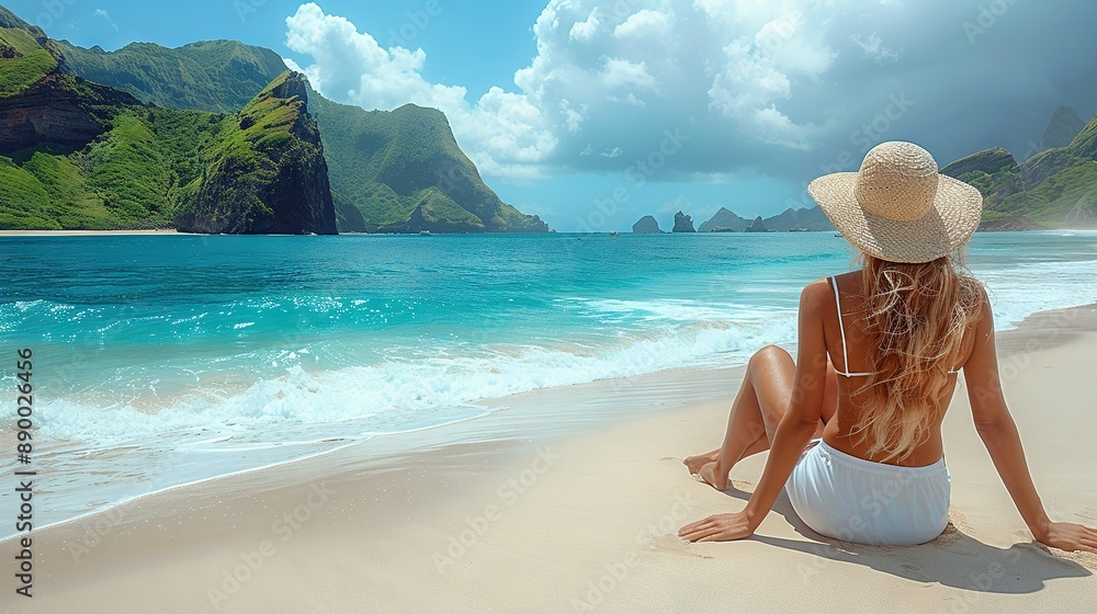 A stunning woman lounges atop a sandy seashore beside a shimmering waterway and majestic peaks in the backdrop A stunning woman lounges atop a sandy seashore beside a shimmering waterway and majestic peaks in the backdrop