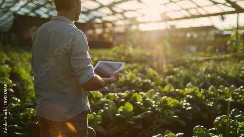 Farmer with Tablet in Greenhouse photo