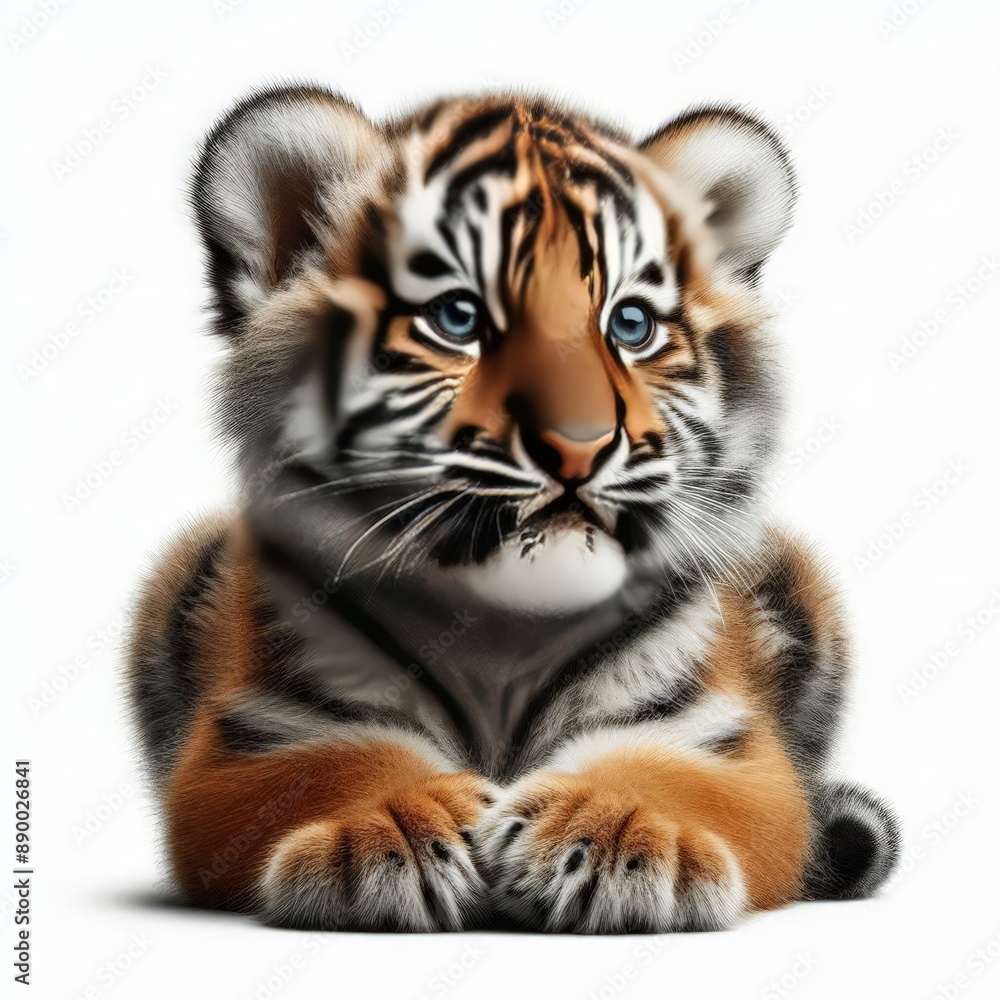 Fototapeta premium Beautiful tiger cub on a white background 