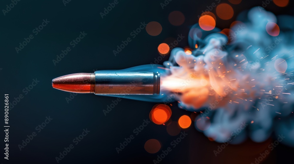 Bullet Leaving a Gun Barrel. A dramatic image capturing the moment a bullet is fired from a gun barrel. The image should show the bullet exiting the barrel with a trail of smoke and muzzle flash. Bullet Leaving a Gun Barrel. A dramatic image capturing the moment a bullet is fired from a gun barrel. The image should show the bullet exiting the barrel with a trail of smoke and muzzle flash.