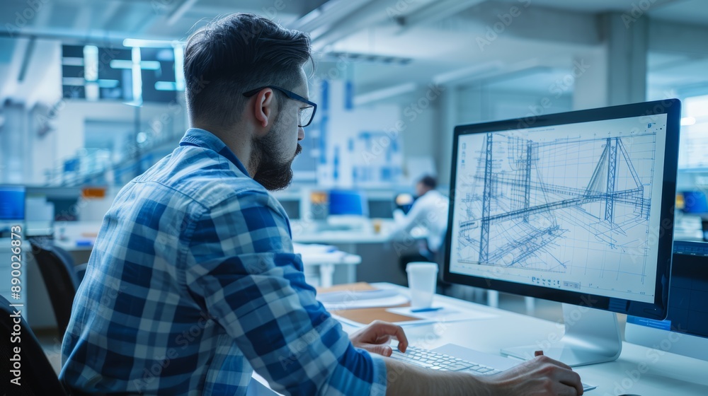 Architect man using computer for drawing bridge design at modern office. Architect man using computer for drawing bridge design at modern office.