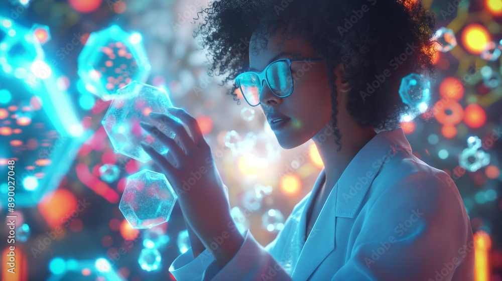 A 3D illustrated woman in a lab coat conducting an experiment, with a vibrant background featuring scientific icons and molecular structures A 3D illustrated woman in a lab coat conducting an experiment, with a vibrant background featuring scientific icons and molecular structures