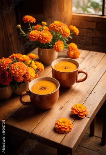 two cups of mexican atole hot chcocolate on a table with marigold flowers on vase photo