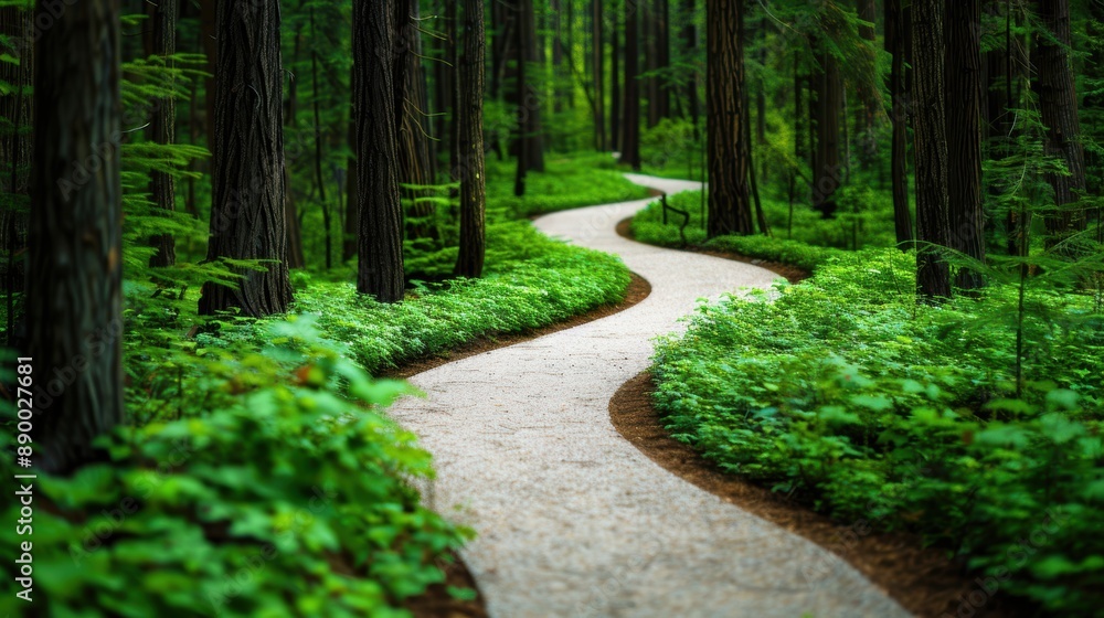 Fototapeta premium A winding path leading through a dense forest, showcasing the mystery and tranquility of the woods.