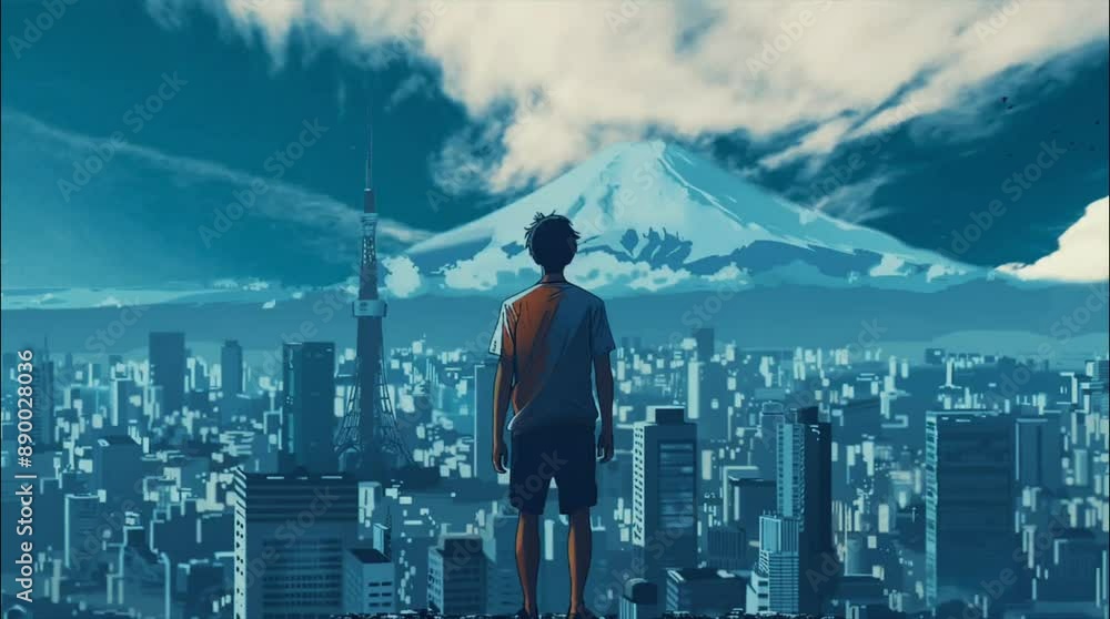 Solitary Figure Admiring the City from a Cliff Solitary Figure Admiring the City from a Cliff