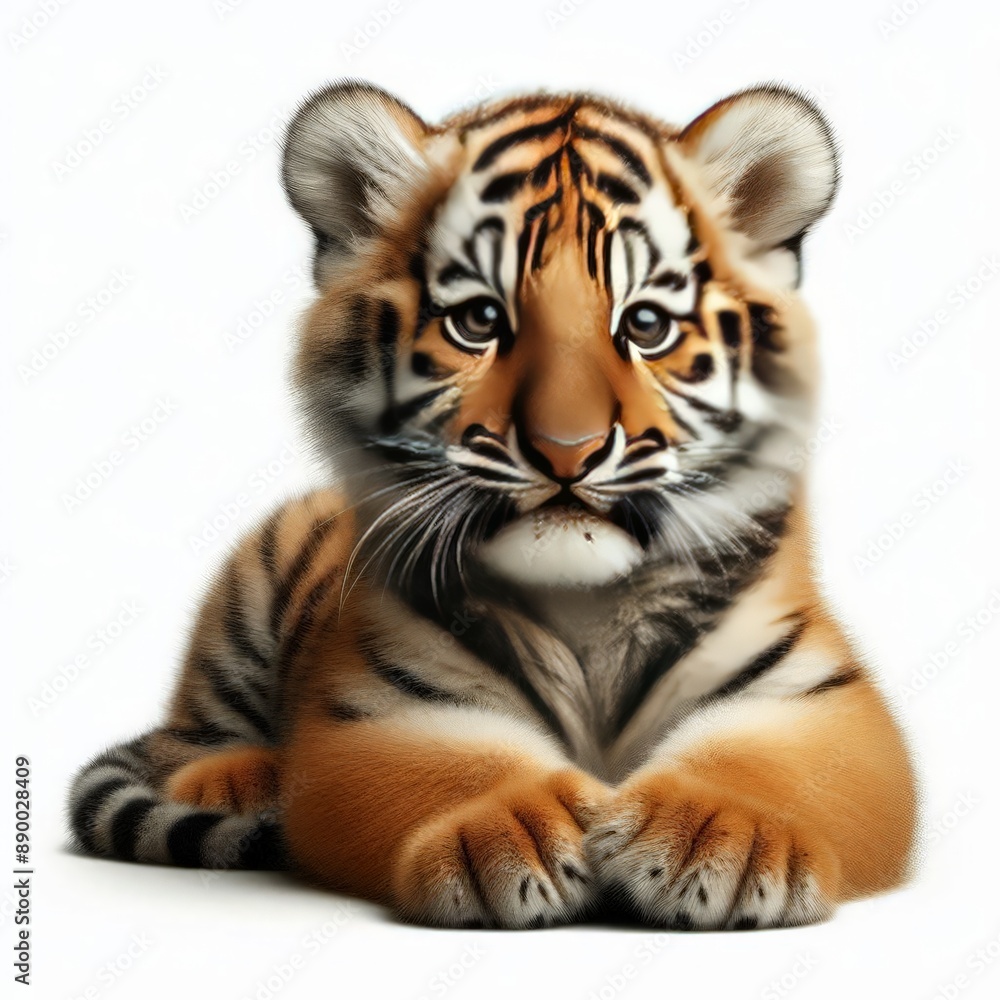 Fototapeta premium Beautiful tiger cub on a white background 