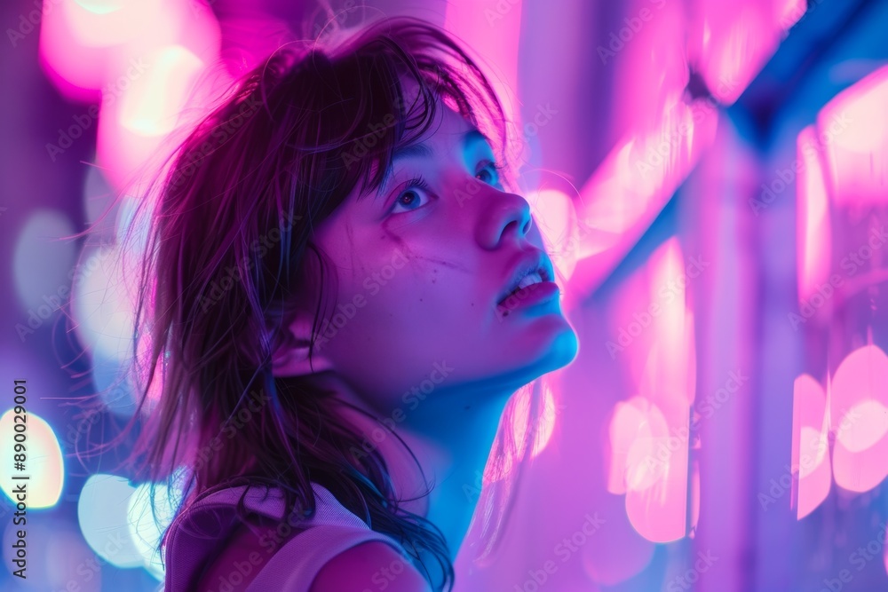 Mesmerizing portrait bathed in neon lights. Woman gazes upward, hair tousled, surrounded by vibrant pink and blue hues. Dreamy atmosphere. Mesmerizing portrait bathed in neon lights. Woman gazes upward, hair tousled, surrounded by vibrant pink and blue hues. Dreamy atmosphere.