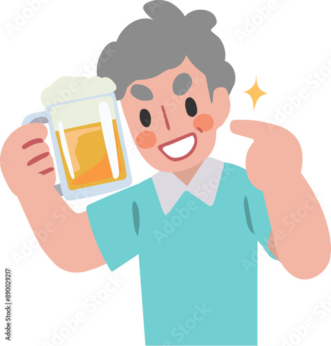 片手にビールを持ち、指さすシニア男性のイラスト