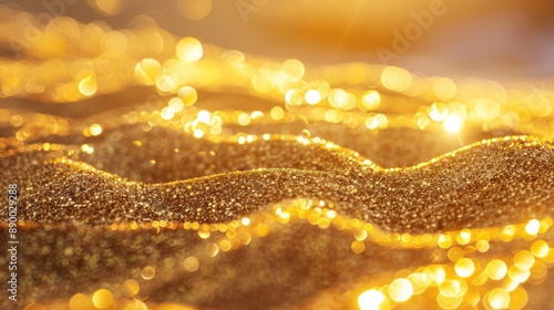 Fototapeta Naklejka Na Ścianę i Meble -  Glittering gold sand grains. Golden reflection of the sunset in the sand on the beach. Shiny background