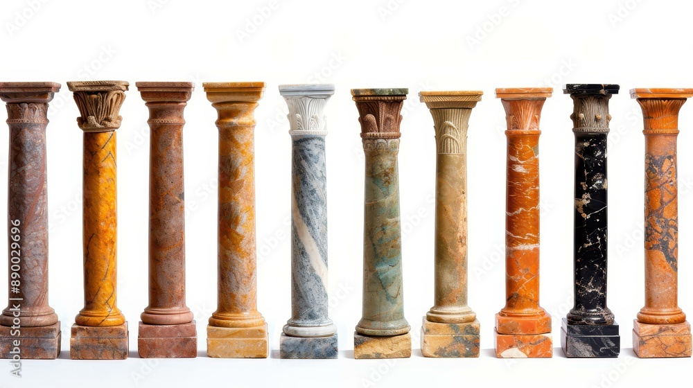 Collection of ancient marble columns isolated on white background for architectural designs.