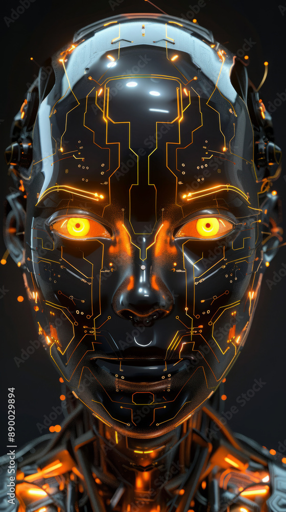female ai robot black cyborg head with detailed illuminated circuitry and beautiful glowing golden eyes on black background sexy tech technology metallic noir android face, avatar female ai robot black cyborg head with detailed illuminated circuitry and beautiful glowing golden eyes on black background sexy tech technology metallic noir android face, avatar