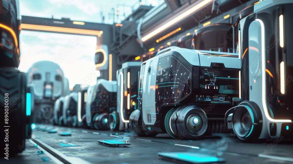 Futuristic Cityscape: Autonomous Vehicles Line Up in a Sleek, High-Tech Urban Environment. A glimpse into a world where technology seamlessly integrates with everyday life. Futuristic Cityscape: Autonomous Vehicles Line Up in a Sleek, High-Tech Urban Environment. A glimpse into a world where technology seamlessly integrates with everyday life.