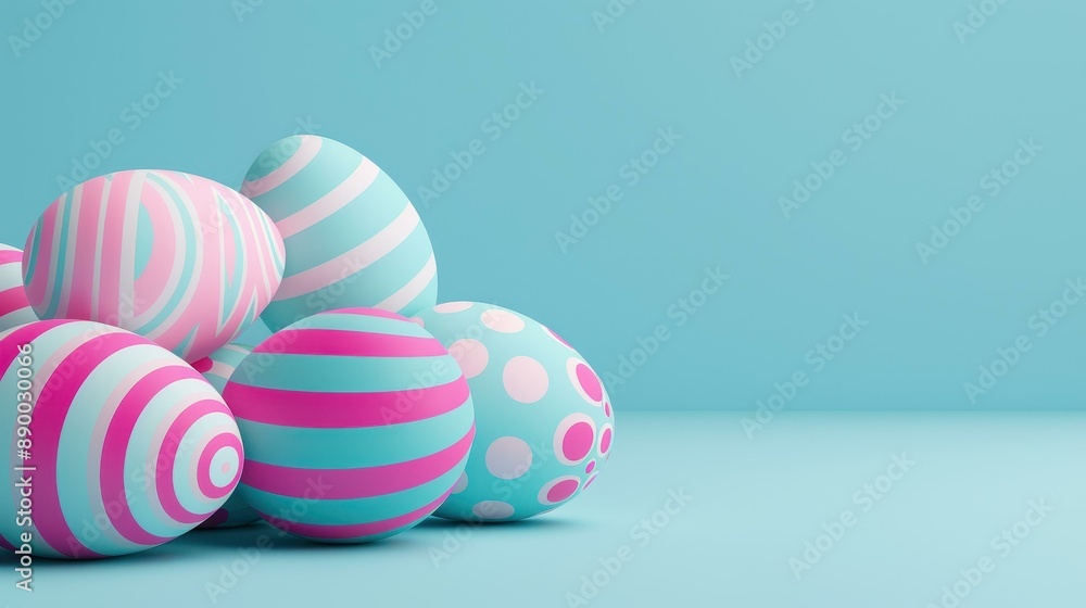Fototapeta premium Vibrant Easter egg border on pastel blue background. Great for digital art and Easter celebrations.