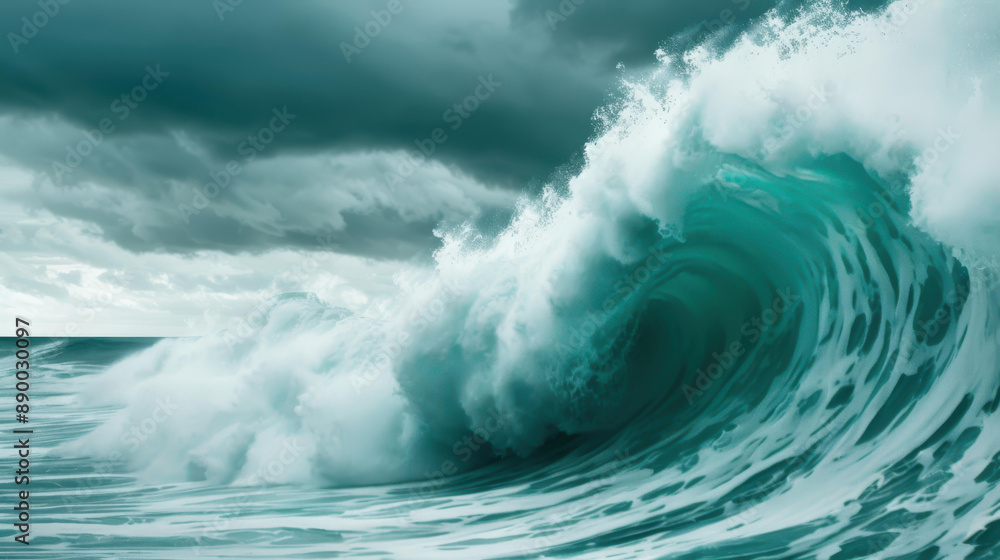 Obraz premium Witness the devastation of a dangerous tsunami hitting a small seaside town with epic giant waves and a dramatic apocalyptic backdrop.