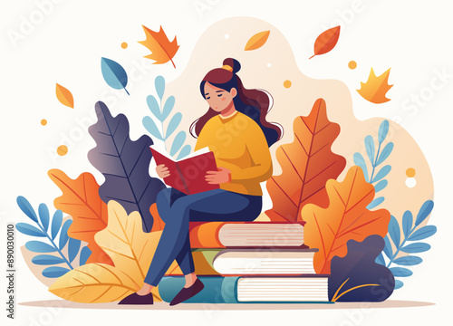 A young woman is sitting on a stack of books and reading. Autumn vector illustration
