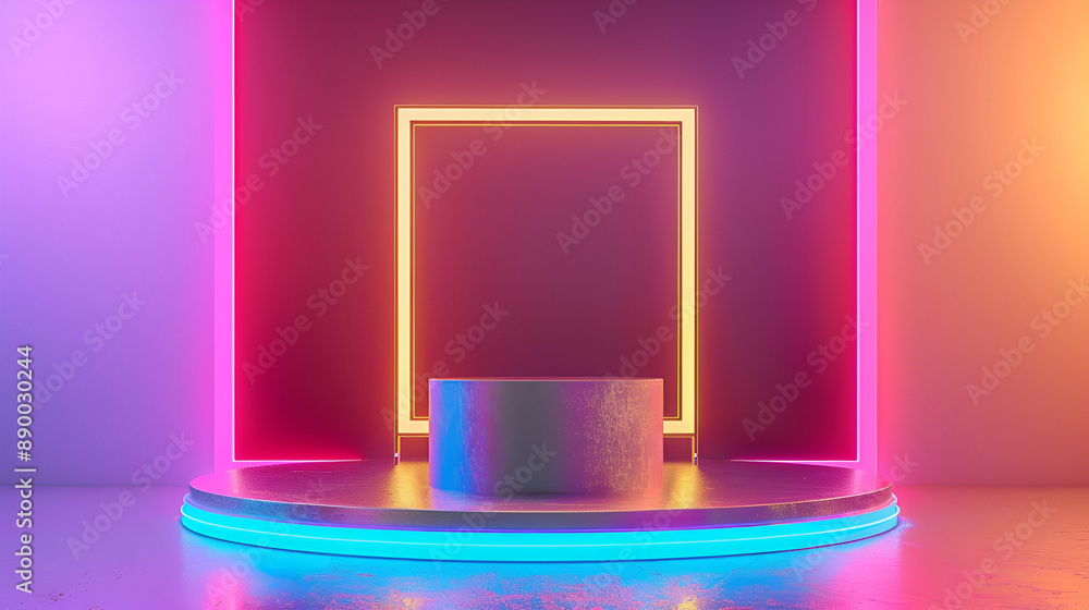 circle shape podium stand with neon glow circle light backdrop, product showcase for beauty and fashion,blue podium on a featuring a glowing pink neon with circle neon backdrop circle shape podium stand with neon glow circle light backdrop, product showcase for beauty and fashion,blue podium on a featuring a glowing pink neon with circle neon backdrop