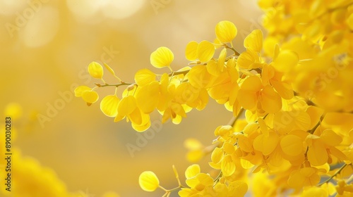 Vibrant closeup of yellow acacia tree blossoms in full bloom during spring.