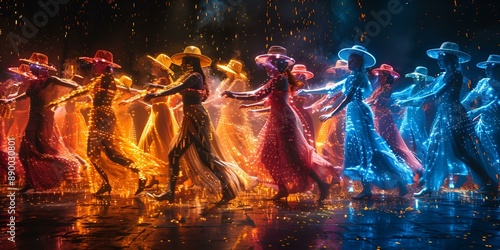 a group of women in colorful dresses and hats dancing.