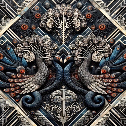 Elegant Peacock Patterned and Textured Motif Artifact Featuring Rich and Colorful Artistic Imagery