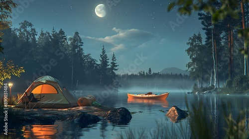  A tranquil camping scene with a kayak on the lake, a tent set up on the shore, and the moon reflecting in the calm water. 
