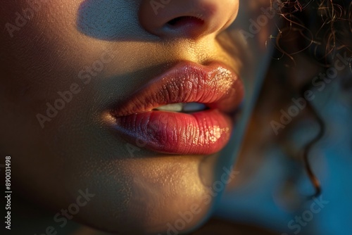 An intimate close-up of a woman lips, showcasing the delicate curves and natural color. The image emphasizes the texture and subtle lines of the lips, capturing a sense of softness and femininity.