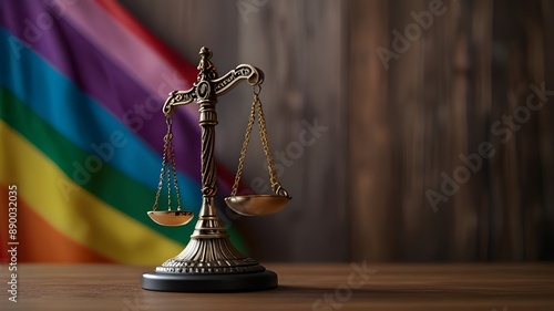 Scale of Justice on wooden table with rainbow flag on background. LGBT pride gay lesbian gender equality movement symbol. technology.
