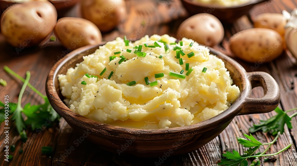 Creamy and delicious mashed potatoes in a wooden bowl with fresh chives Creamy and delicious mashed potatoes in a wooden bowl with fresh chives