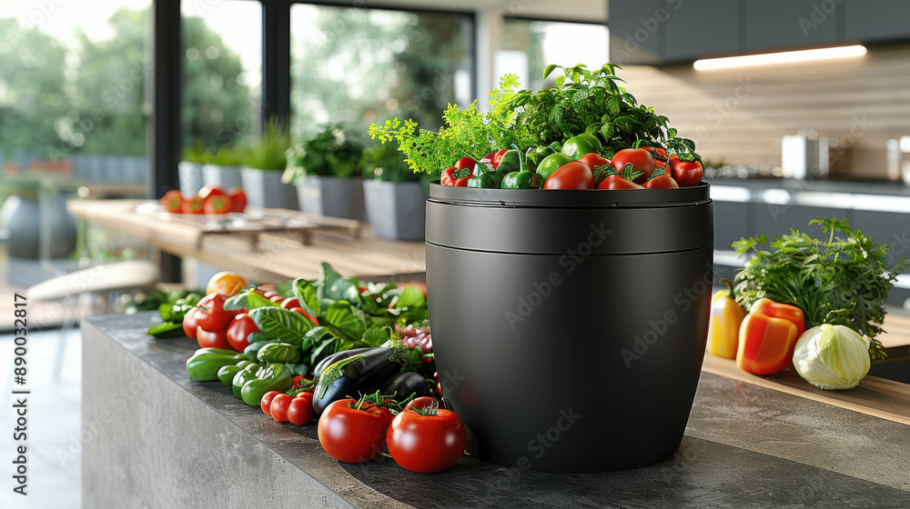 Modern kitchen setting with fresh vegetables and herbs in stylish black pots on a countertop. Sunlight streams in from large windows, creating a vibrant and healthy environment. Modern kitchen setting with fresh vegetables and herbs in stylish black pots on a countertop. Sunlight streams in from large windows, creating a vibrant and healthy environment.