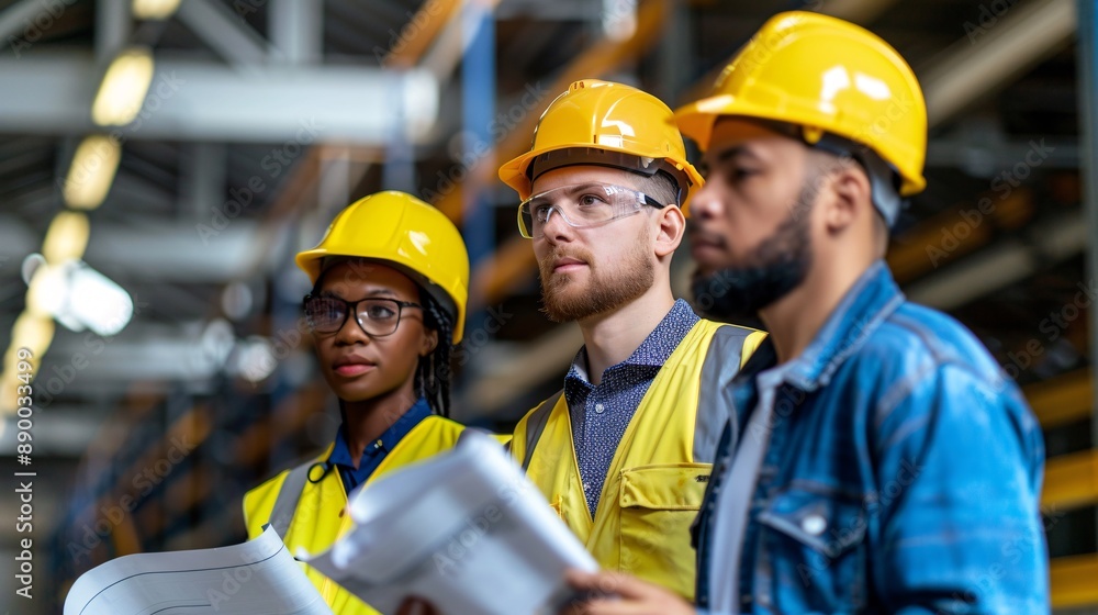 A diverse team of engineers, including a professional with a cochlear implant, reviewing blueprints and discussing project details Stock Photo with copy space A diverse team of engineers, including a professional with a cochlear implant, reviewing blueprints and discussing project details Stock Photo with copy space