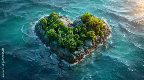 Aerial view of a heart-shaped island with lush palm trees and turquoise waters Unique geography concept 