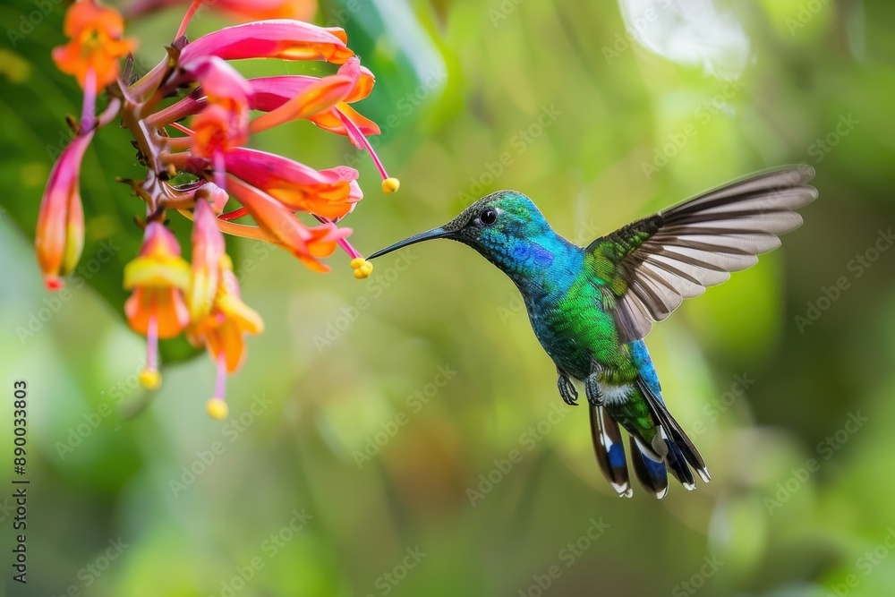 Fototapeta premium Hummingbird hovering near a flower vibrant colors