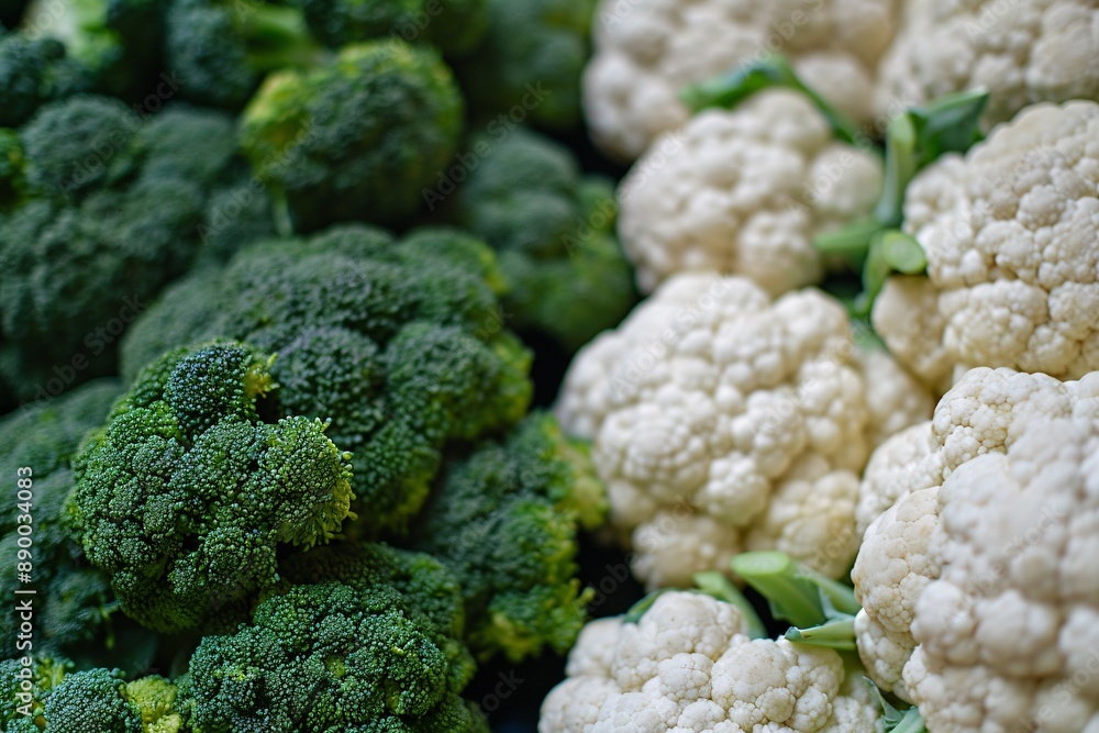 A close-up view of fresh broccoli and cauliflower heads, showcasing their vibrant green and white colors A close-up view of fresh broccoli and cauliflower heads, showcasing their vibrant green and white colors