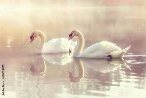 Pair of swans on a tranquil lake reflections photo