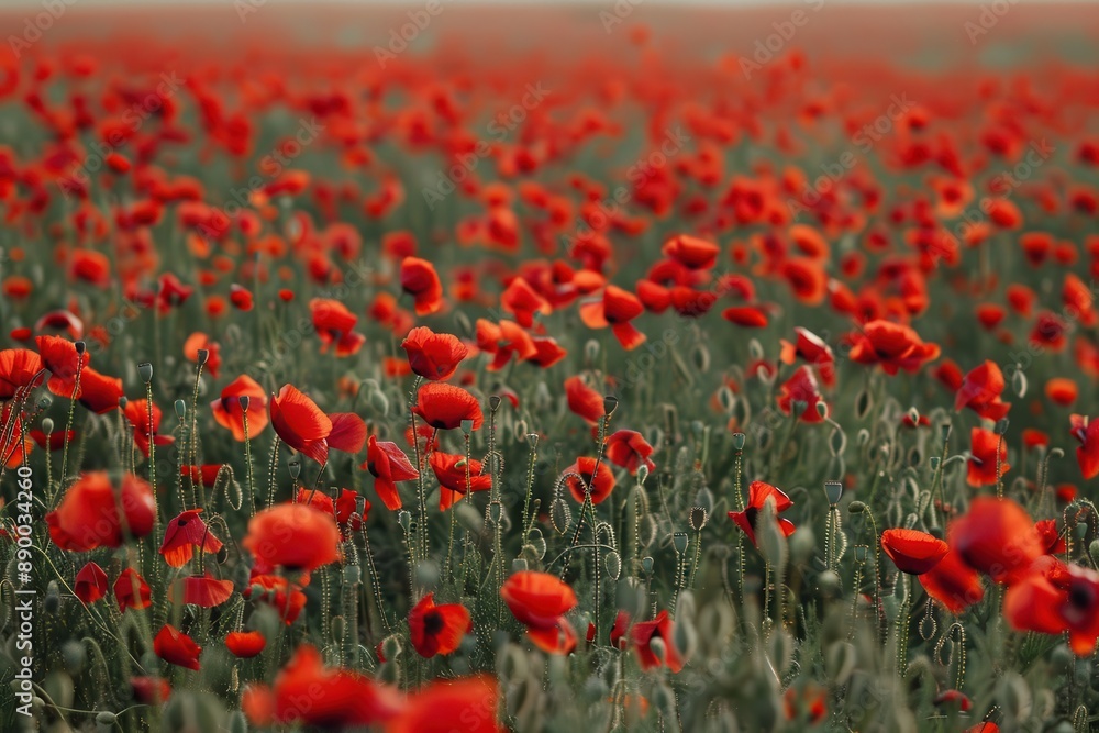 Obraz premium Poppy field red flowers swaying in the breeze peaceful