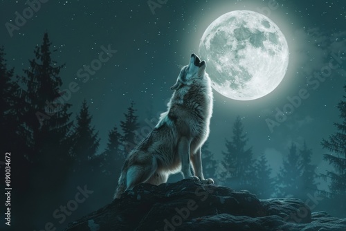Wolf howling at the moon dark forest background